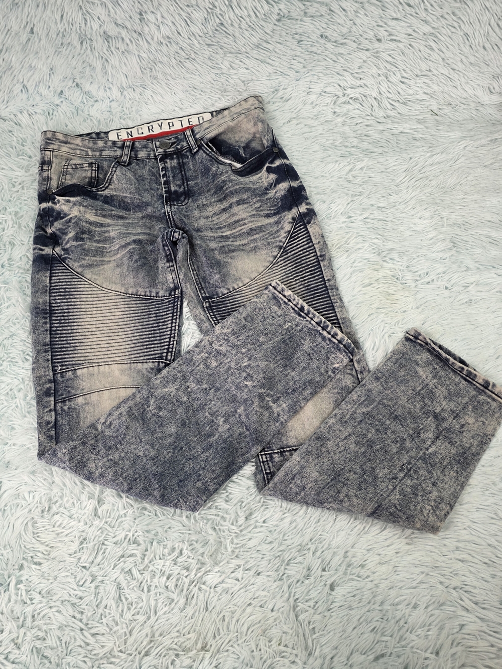 Encrypted NYC Men's Moto Biker Jeans Acid Wash Black Slimβ Straight 30x32